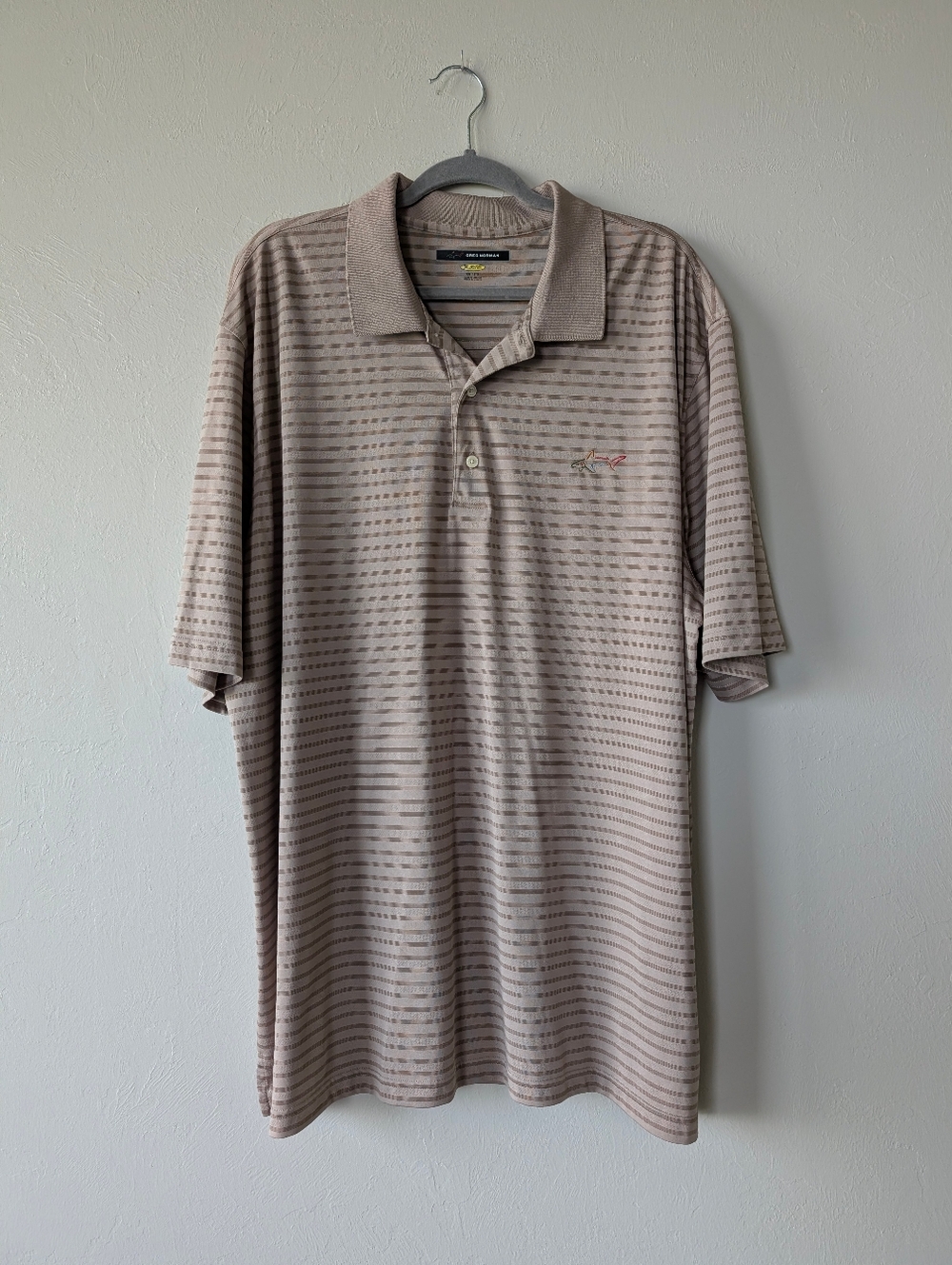 Greg Norman Beige Striped Polo Shirt - Men's Collared Size XXL Play Dry Jersey